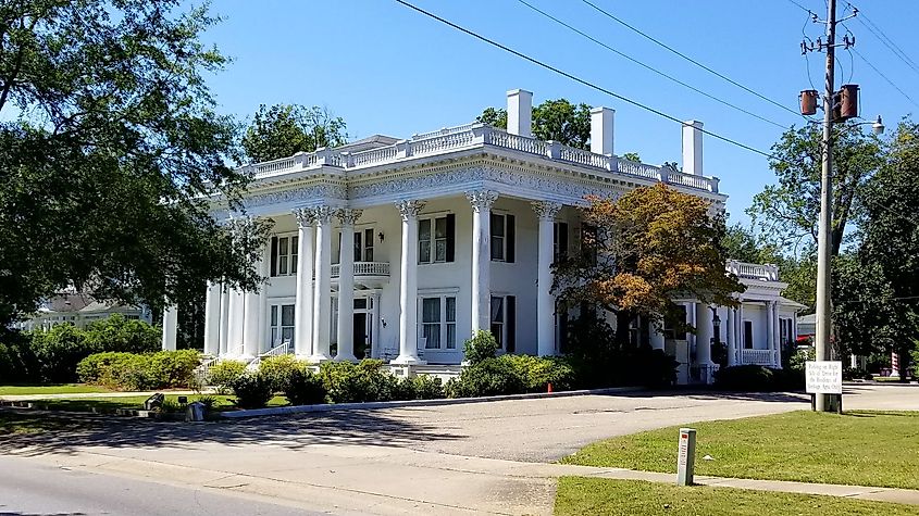 Shorter Mansion in Eufaula, Alabama, a grand Neoclassical home with towering white columns, a stately portico, and intricate architectural details.