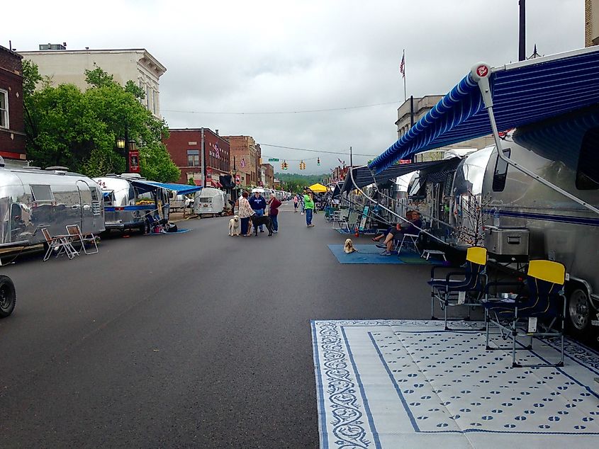 Airstream recreational vehicles are seen parked along the streets of Logan, Ohio. Editorial credit: Wendy van Overstreet / Shutterstock.com