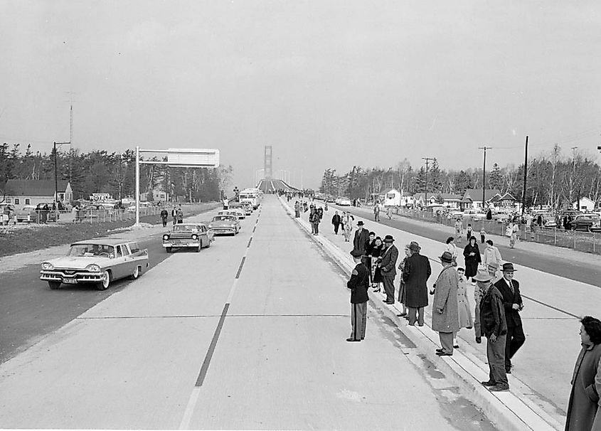 Opening of Mackinac Bridge in November 1957.