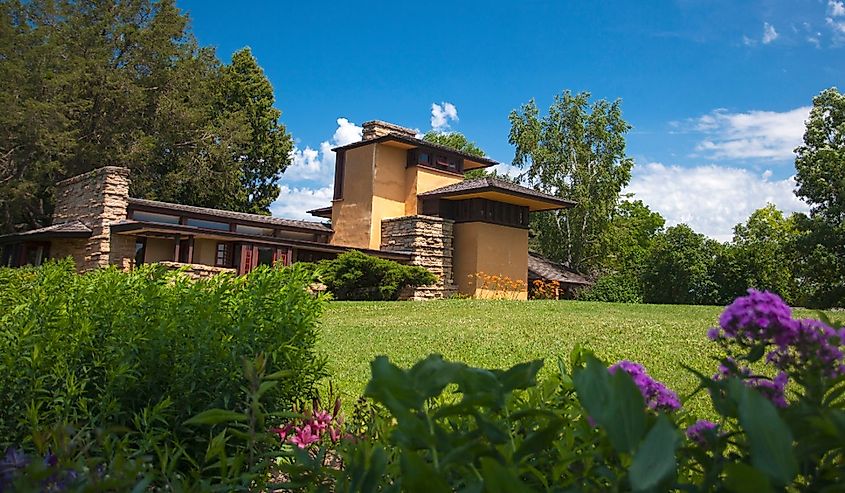 A view of the architecture of famous architect Frank Lloyd Wright's home "Taliesin" built in 1911 in Spring Green, Wisconsin.