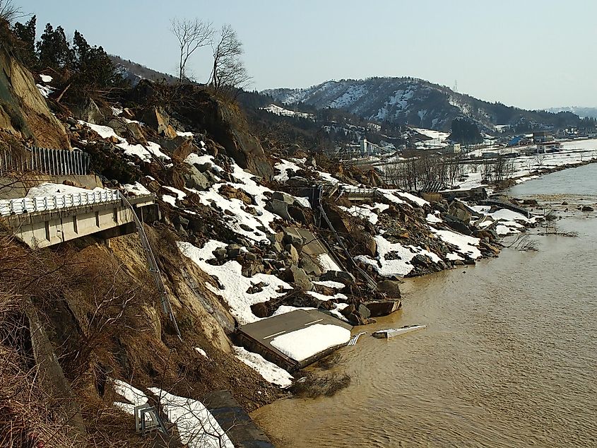 A road destroyed by a landslide in Chuetsu.