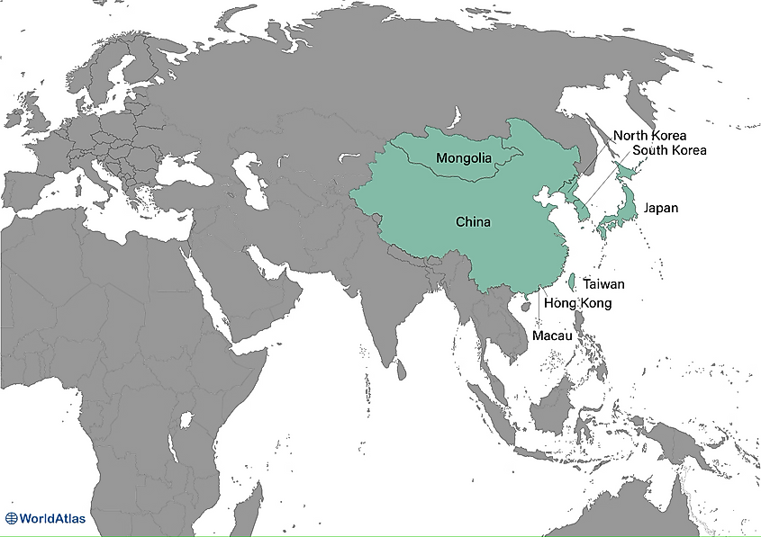 A map of countries in East Asia
