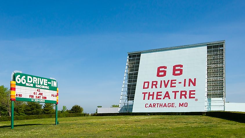 Historic 66 Drive-in Theatre and neon sign, on Route 66 in Carthage, Missouri. Editorial credit: Steve Lagreca / Shutterstock.com