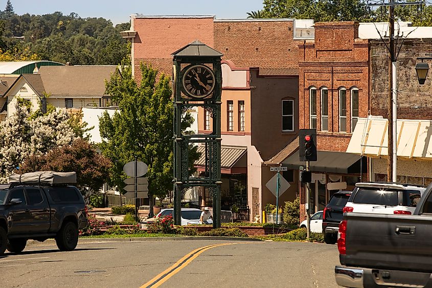 Morning light shines on the historic downtown of Auburn, California.