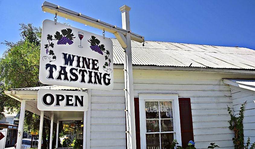 Wine tasting shop and sign in a small town, Amador County, California