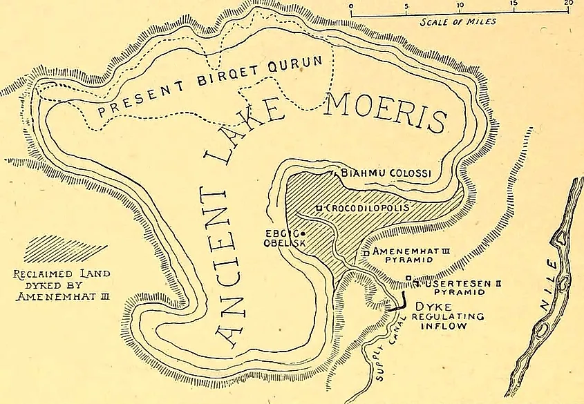 An image map of notable monuments in the vicinity of the former Lake Moeris.