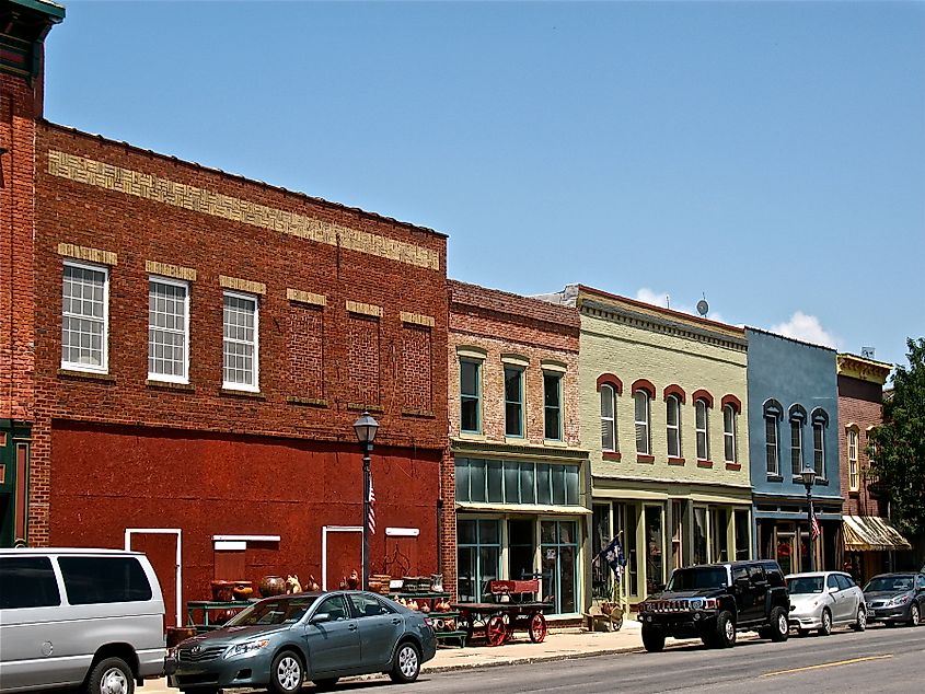 Street view in Lexington, Missouri, featuring historic brick buildings.