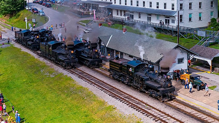 Aerial View of Five Shay Steam Engines in Cass, West Virginia.