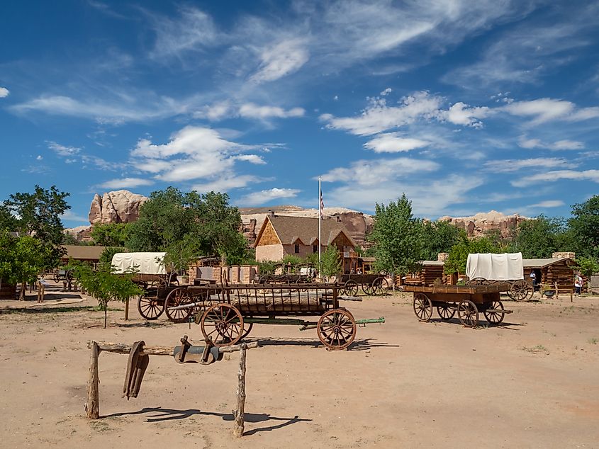 Bluff Fort Pioneer Historic Site with a cottage and cabin, Utah, United States.