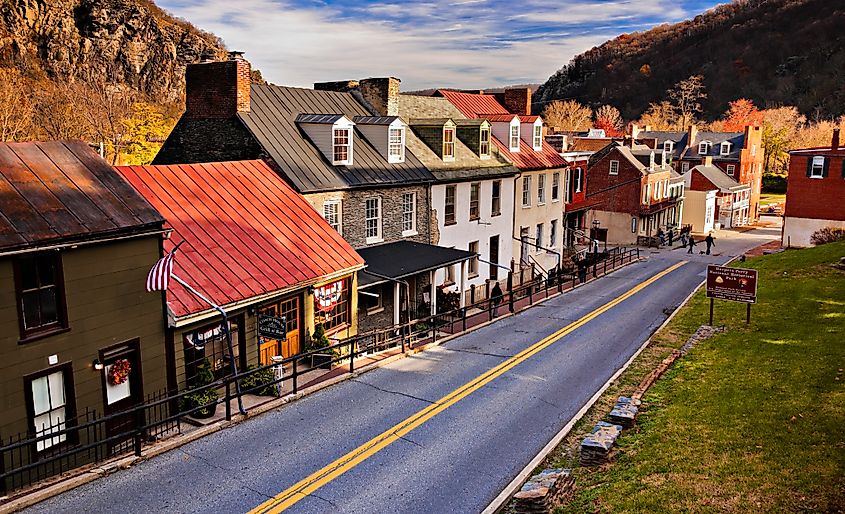 Historic buildings lined along High Street in Harper's Ferry, West Virginia.