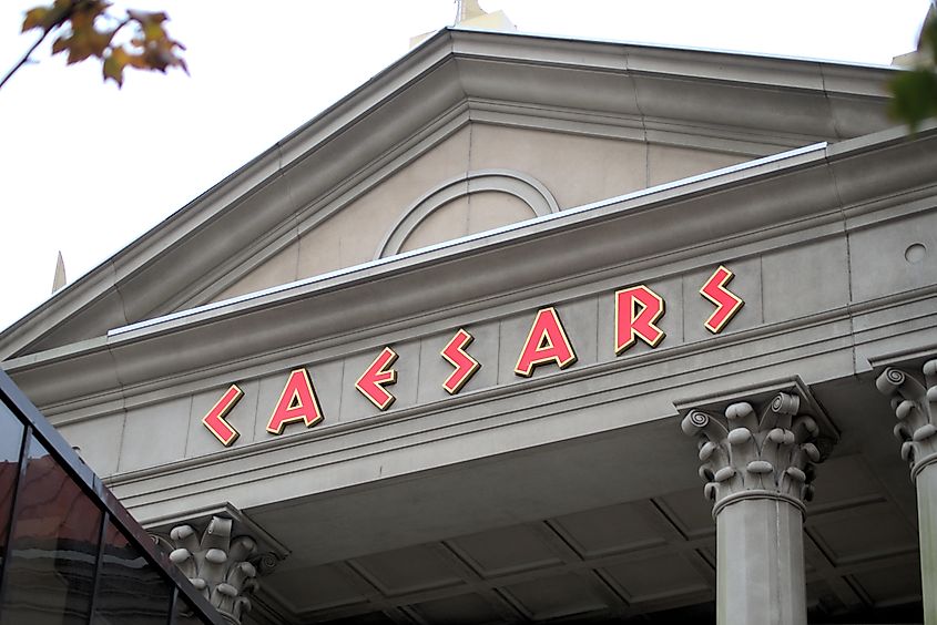 The Caesars logo displayed on the exterior of the Caesars Casino-Hotel in Atlantic City, New Jersey