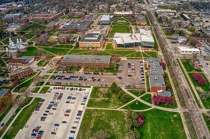 Aerial view of a state university in Vermillion, South Dakota