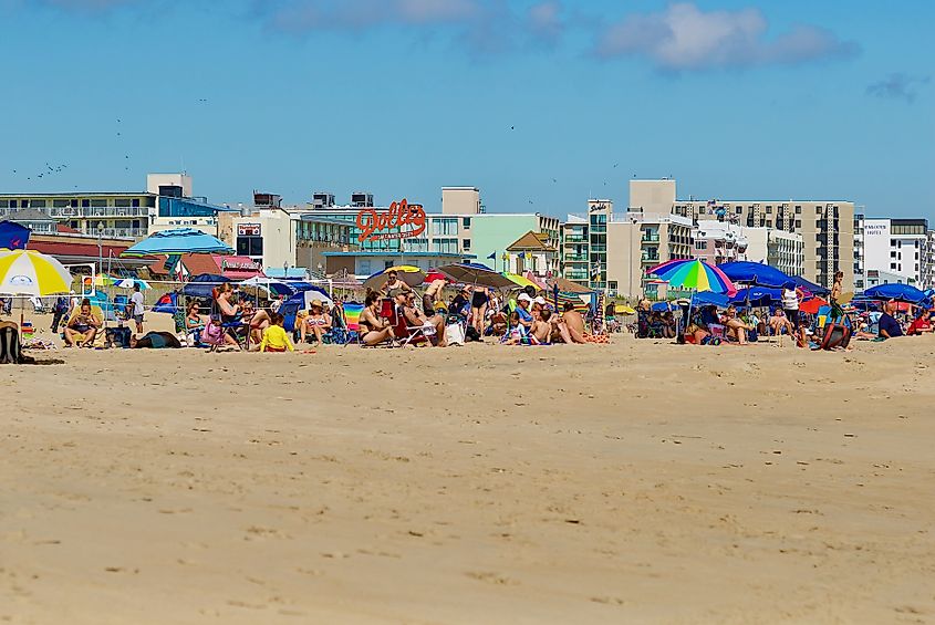People relax under colorful umbrellas on the sandy beach in Rehoboth Beach, Delaware, with buildings and signs visible in the background.