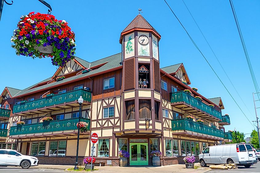 Edelweiss building and tower with glockenspiel in the German-Swiss tourist destination town of Mt. Angel. Editorial credit: Leigh Trail / Shutterstock.com