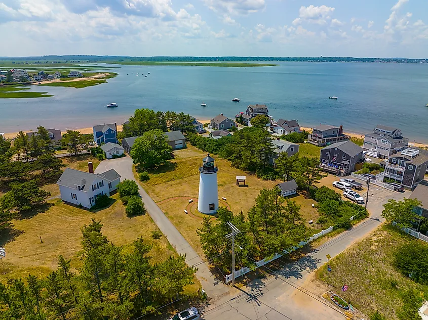 Plum Island Lighthouse, built in 1788 at the northern point of Plum Island at the mouth of Merrimack River, in Newburyport, Massachusetts.