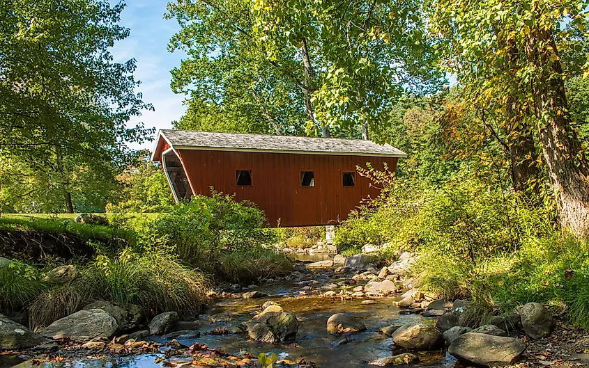Covered bridge over Falls Brook at Kent Falls State Park.
