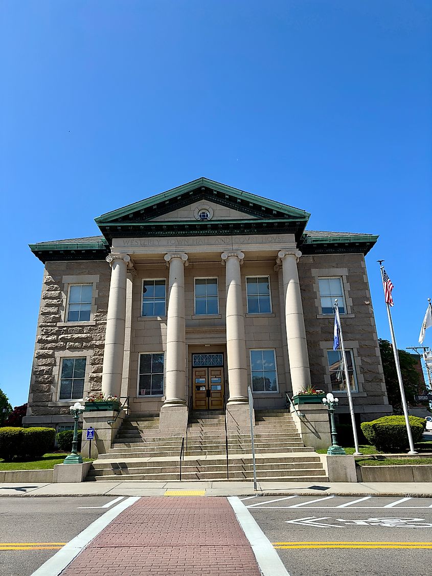 Street view of Westerly Town Hall and Court House. Built in 1912 in the Academic Revival style. Editorial credit: Rachel Rose Boucher / Shutterstock.com