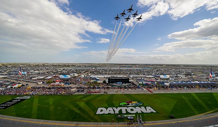 The U.S. Air Force Thunderbirds perform a flyover before the Daytona International Speedway