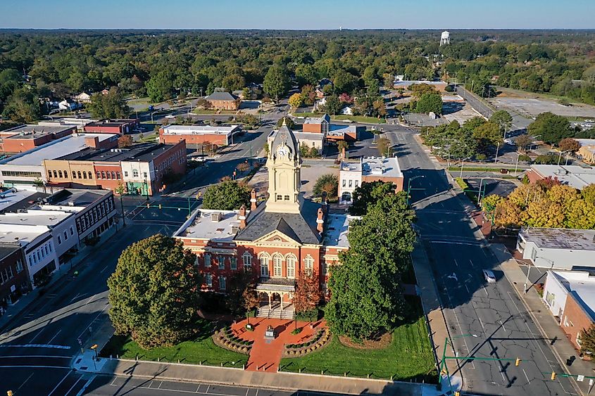 Aerial view of the old courthouse in Monroe, North Carolina. Editorial Credit: Rick C. Lanier via Shutterstock.