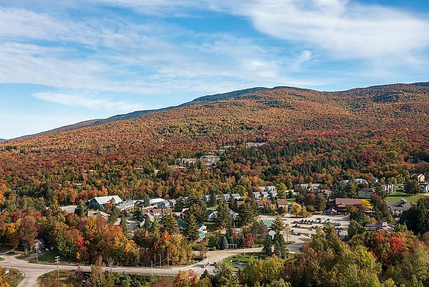 Aerial panorama of Smugglers Notch vacation and skiing resort in the fall, via Steve Heap / Shutterstock.com