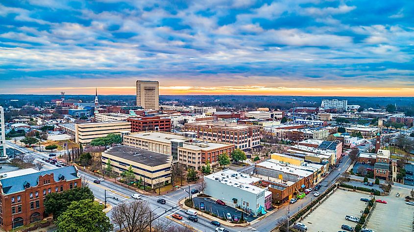 Aerial view of Main Street in downtown Spartanburg, South Carolina, USA.