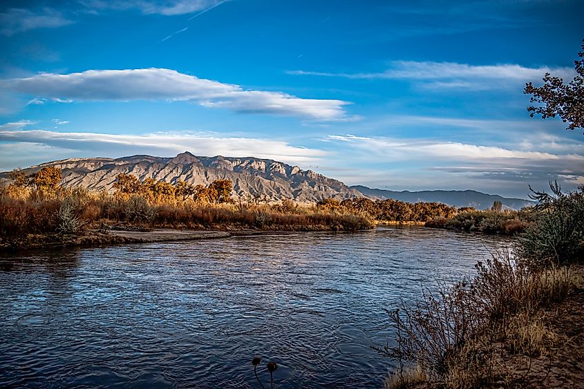 A scenic view of the Sandia Mountains from Corrales, New Mexico