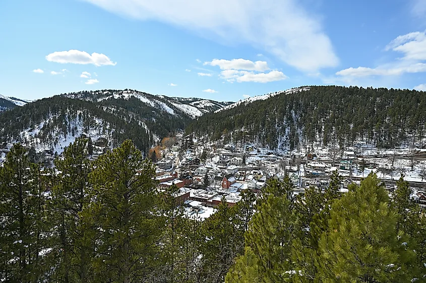 Aerial view of Deadwood, South Dakota, in winter.