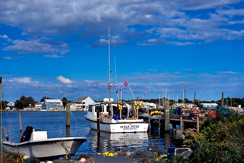 Fishing boats in the harbor along Ocracoke Village on the island