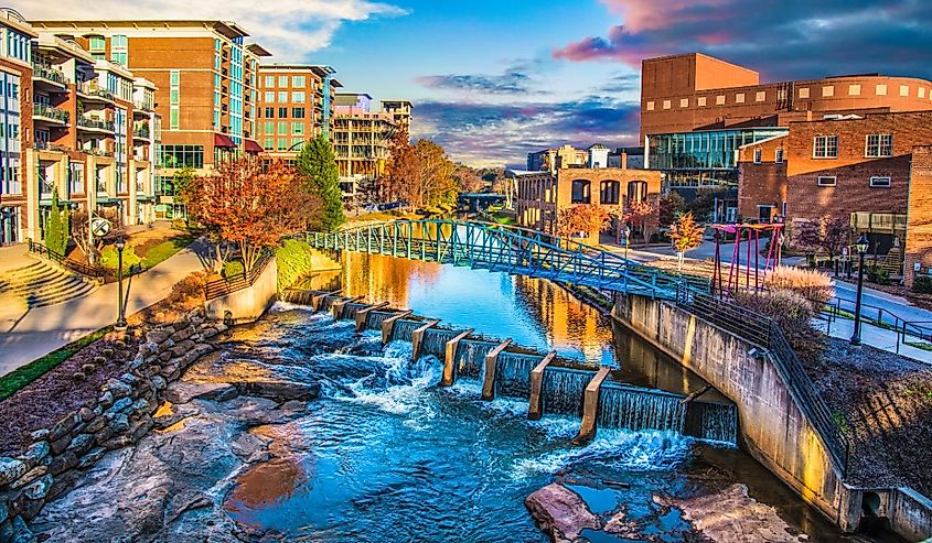 Reedy River and Skyline in Downtown Greenville, South Carolina.