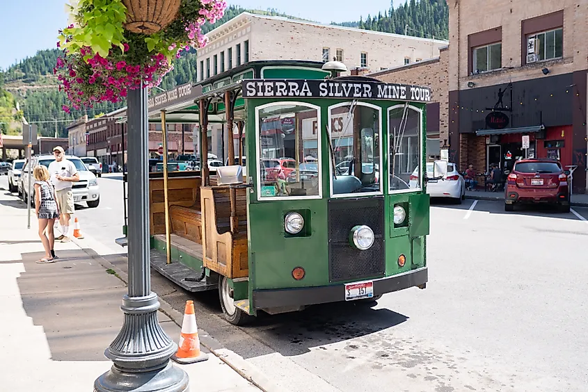 The trolley waiting to take tourists on a silver mine tour in Wallace, Idaho.