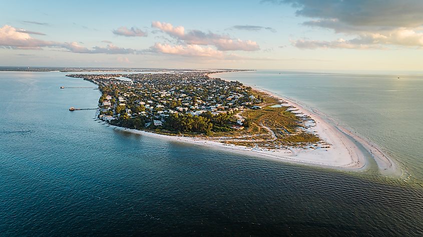 Aerial shot of Bean Point Beach in Anna Maria Island. Editorial credit: Noah Densmore / Shutterstock.com