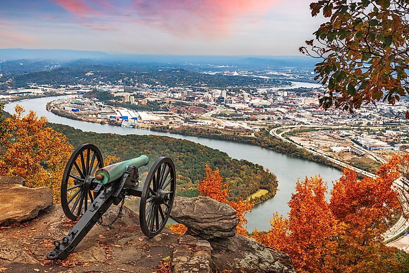 View of Chattanooga, Tennessee, USA, from Lookout Mountain at dawn, with the cityscape and surrounding landscape softly illuminated by early morning light