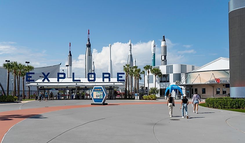 Various retired rockets and shuttles on display at Kennedy Space Center.