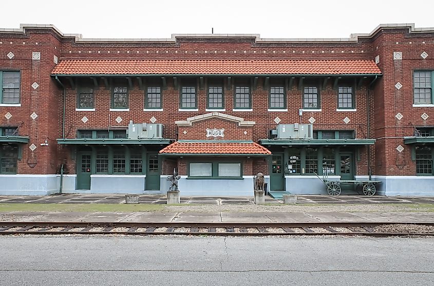 A rustic train station in Hugo, Oklahoma.