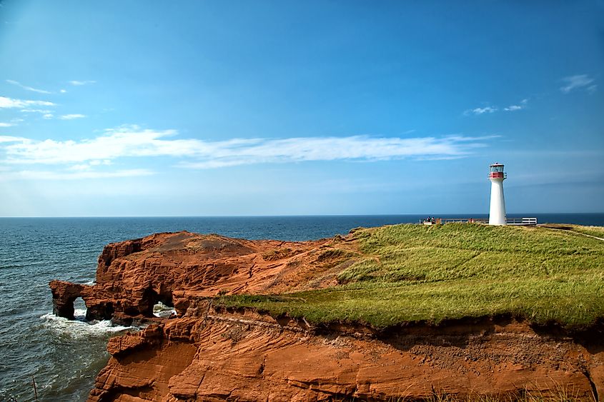 Cap aux meules Lighthouse also called Borgot lighthouse in Magdalen island in Quebec, Canada.