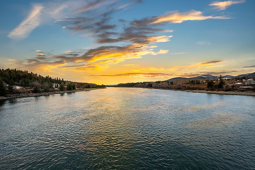 The Priest River seen at sunset in the town of Priest River, Idaho