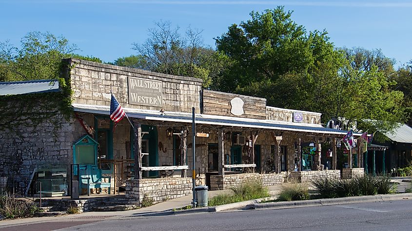 A row of small shops on the main street of Wimberly, Texas. Editorial credit: Philip Arno Photography / Shutterstock.com