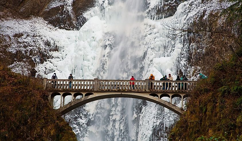 Multnomah falls following an ice storm in the Columbia River Gorge, east of Portland, Oregon.