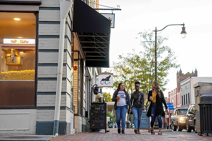 Friends walking in downtown Harrisonburg, Virginia.