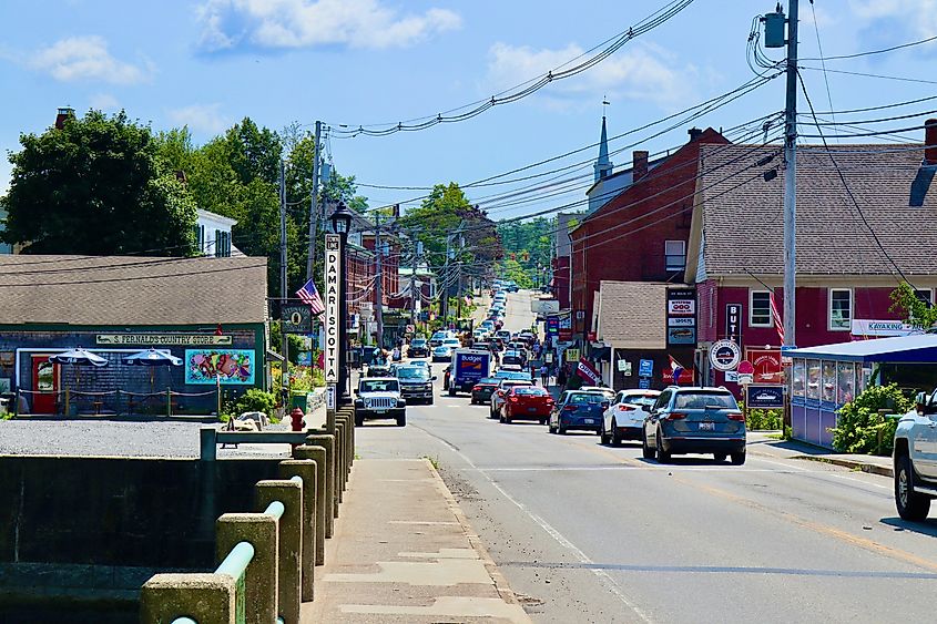 Downtown scene in Damariscotta, Maine, USA.