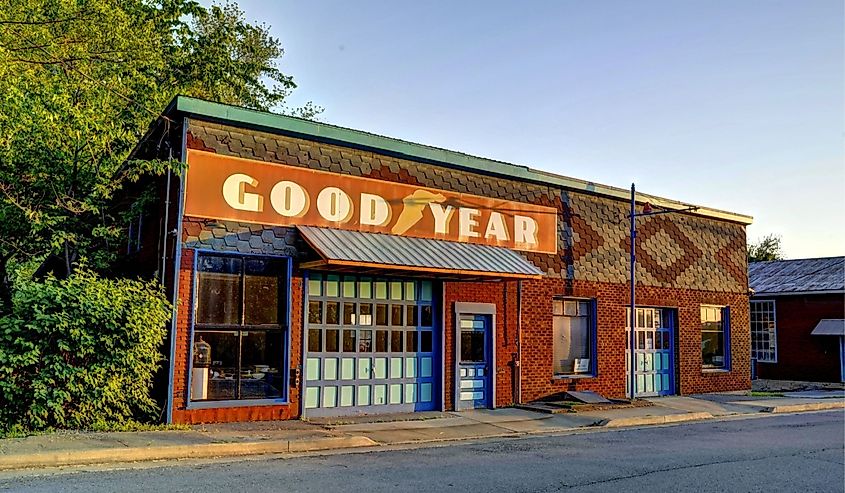 An old auto repair shop in the town of Augusta, Missouri.