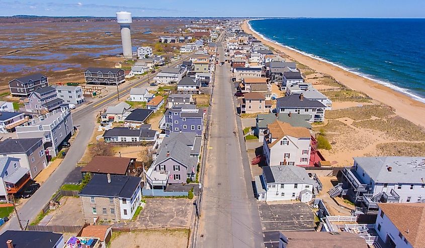 Central Avenue and Water Tower aerial view in Salisbury Beach in town of Salisbury, Massachusetts.