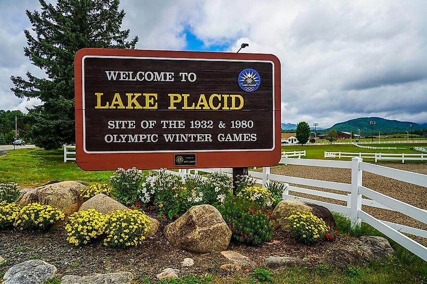Welcome Sign in Lake Placid, the site of the 1932 and 1980 Olympic Winter Games in Adirondack Mountains, Upstate New York, via Leonard Zhukovsky / Shutterstock.com