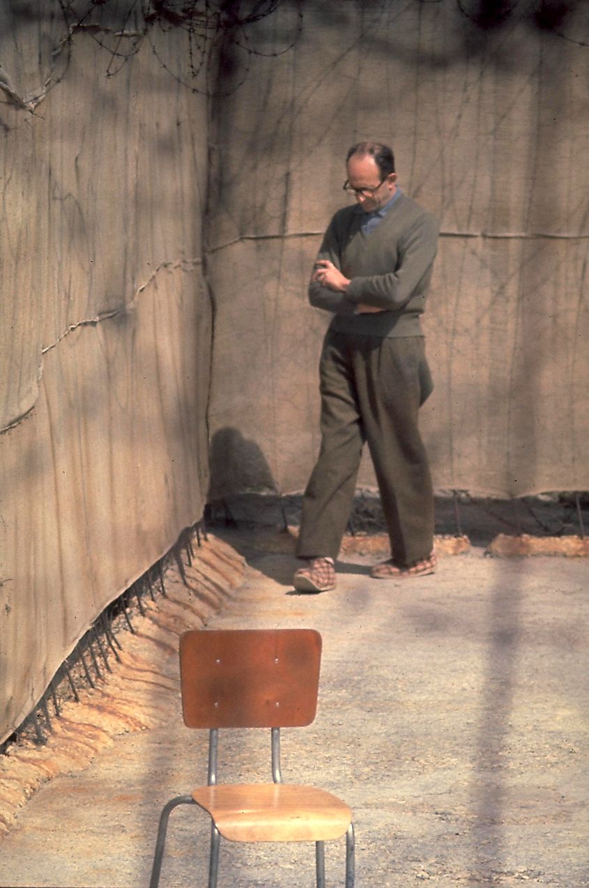 Nazi war criminal Adolf Eichman walking in yard of his cell in Ayalon Prison, Ramla