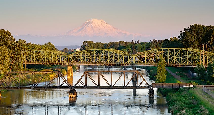 Railroad car bridges crossing the Puyallup River in Washington.