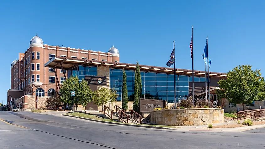 Chickasaw Visitor Center with Artesian Hotel, Casino and Spa. National Park Service administration for Chickasaw National Recreation Area. Sulphur, Oklahoma.