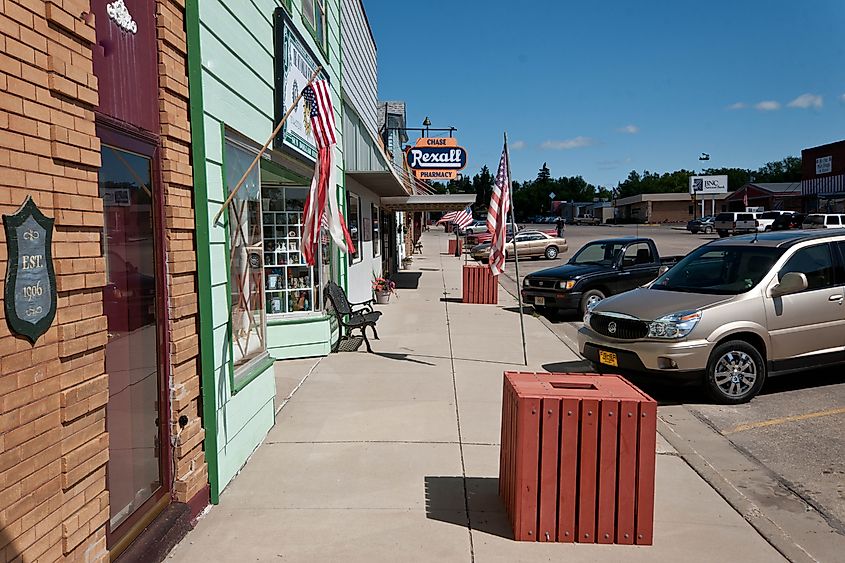 Businesses lined along a street in Garrison, North Dakota.