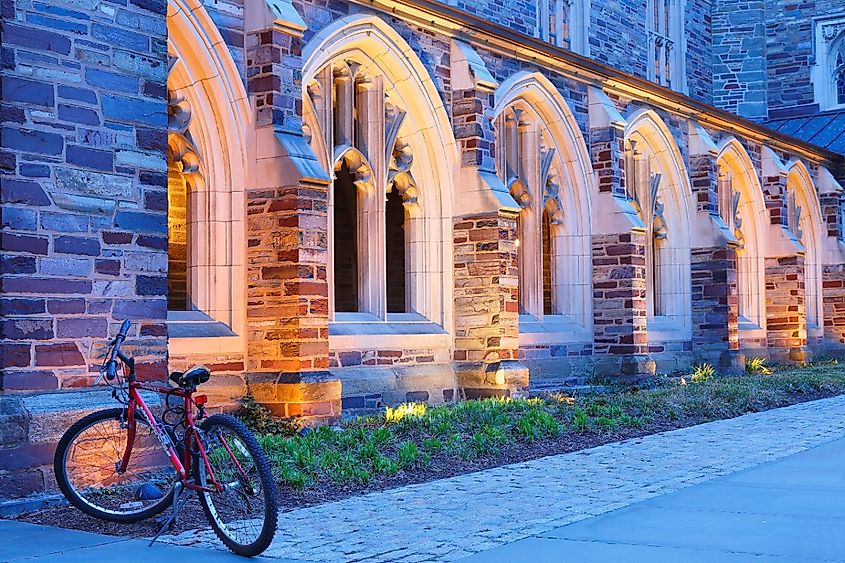 Holder Hall on the campus of Princeton University after sunset, Princeton, New Jersey.