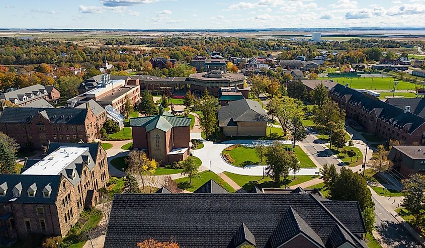 A drone aerial shot of Sackville, New Brunswick, overlooking the Mount Allison University campus and its many historic buildings.