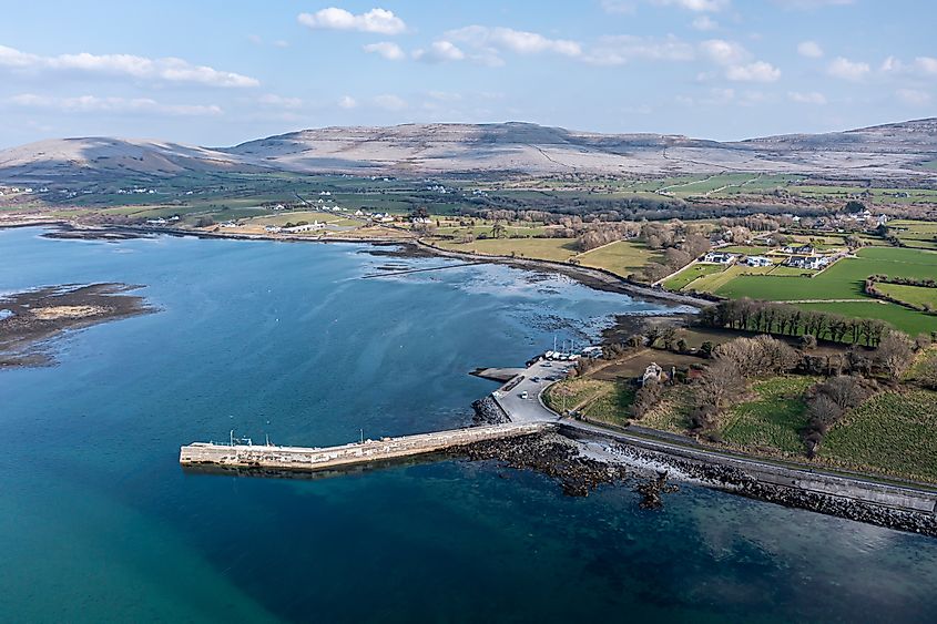 Aerial view of Ballyvaughan Pier, located in the northwest corner of The Burren, in Ireland.